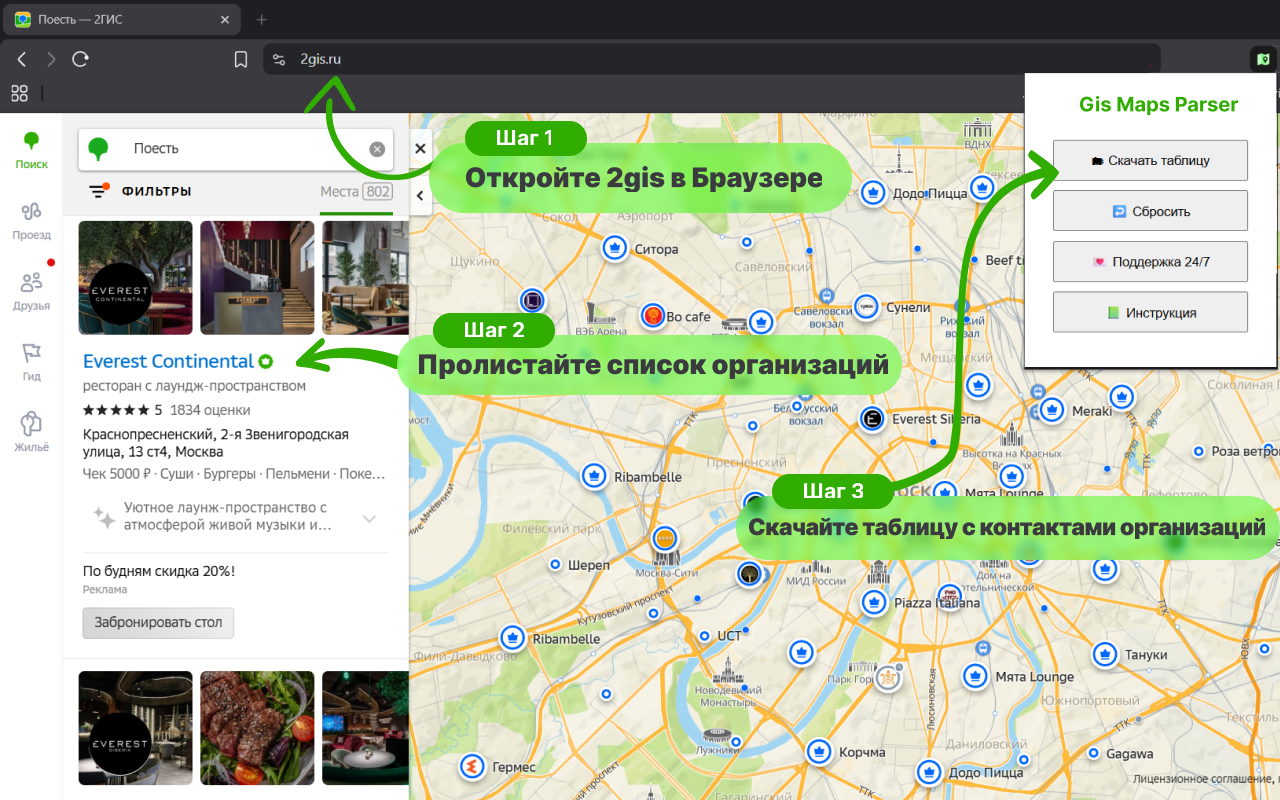 Схема работы Gis Maps Parser: откройте 2ГИС, пролистайте организации, скачайте таблицу